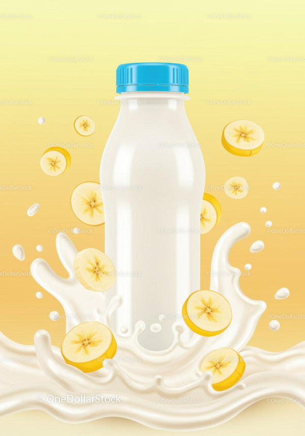 Butelka mleka rozpryskująca się z plasterkami banana