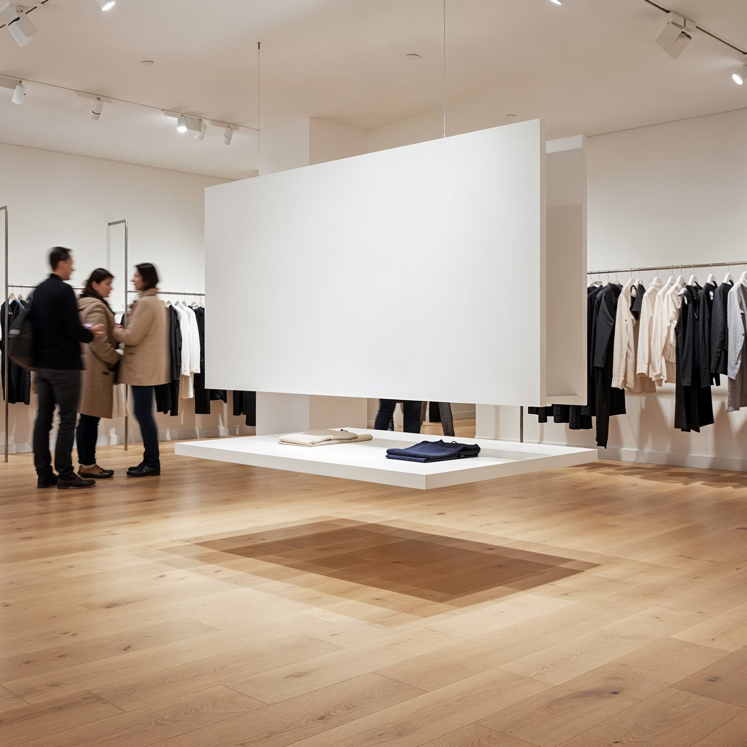 Minimalist Clothing Store Interior with Hanging Display