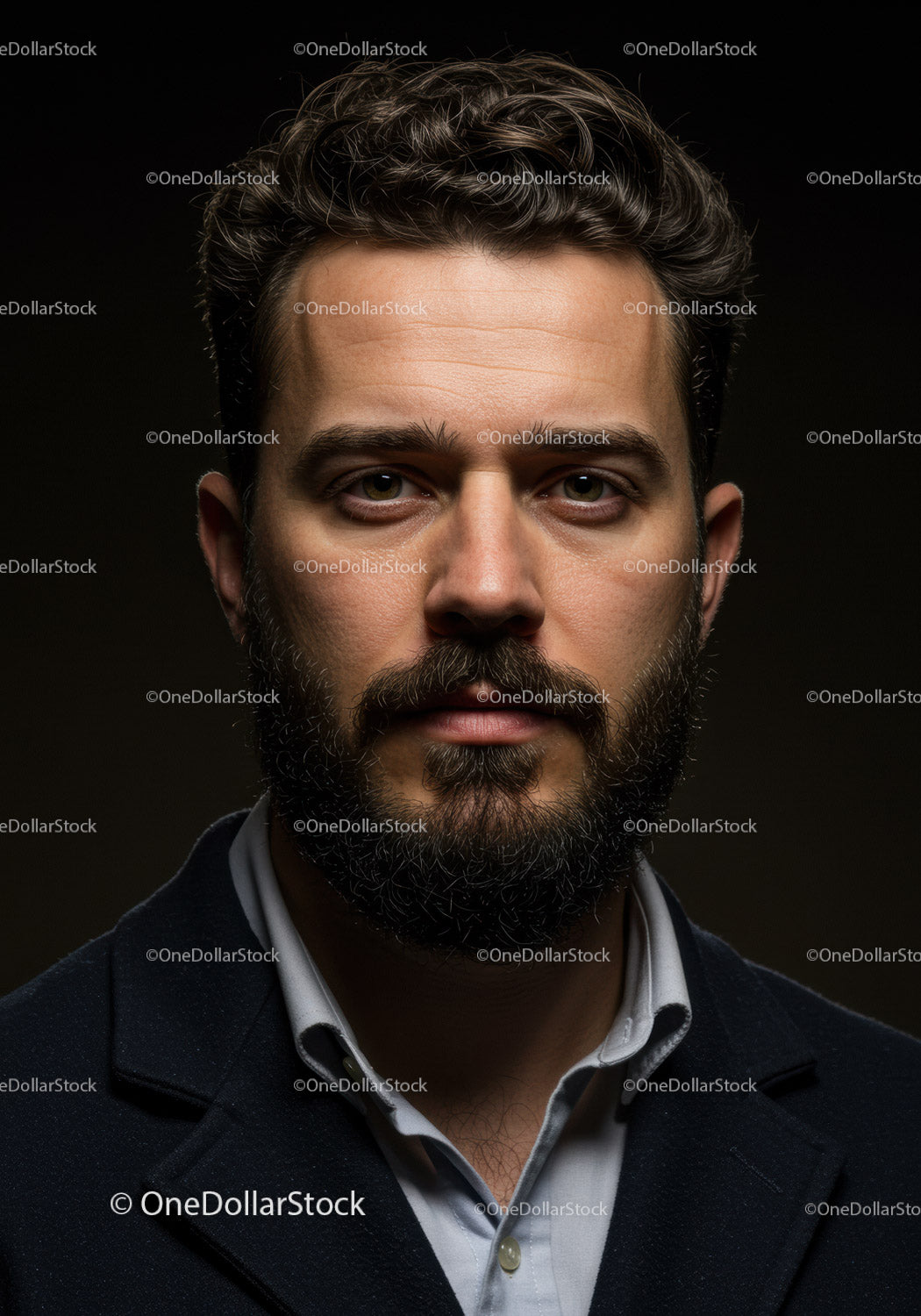 Portret zamyślonego mężczyzny z kręconymi włosami i brodą