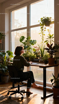 Woman enjoying peaceful moment in sunlit indoor garden