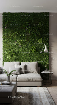 Modern Living Room with Green Plant Wall for Relaxing Decor