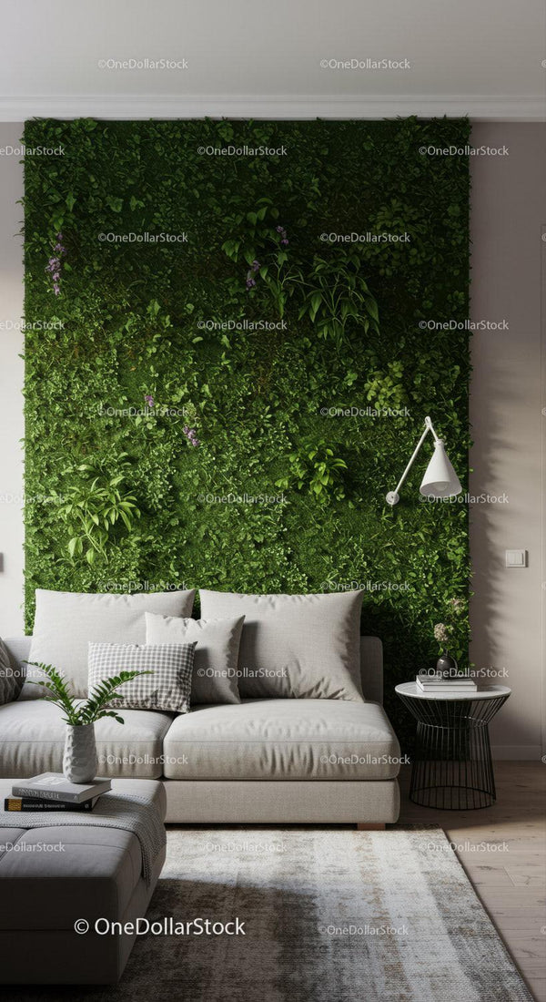Nowoczesny salon z zieloną ścianą roślinną dla relaksującej dekoracji