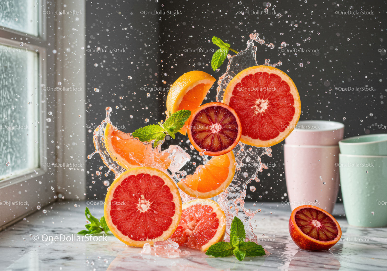 Fresh Citrus Slices Splashing with Mint Leaves