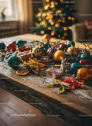 Cozy rustic table with colorful Christmas decorations
