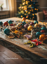 Cozy rustic table with colorful Christmas decorations