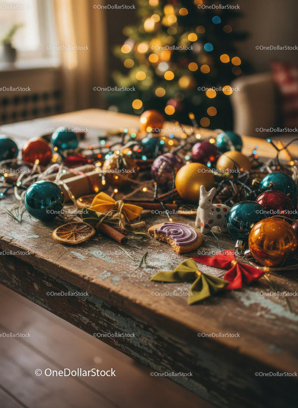 Cozy rustic table with colorful Christmas decorations