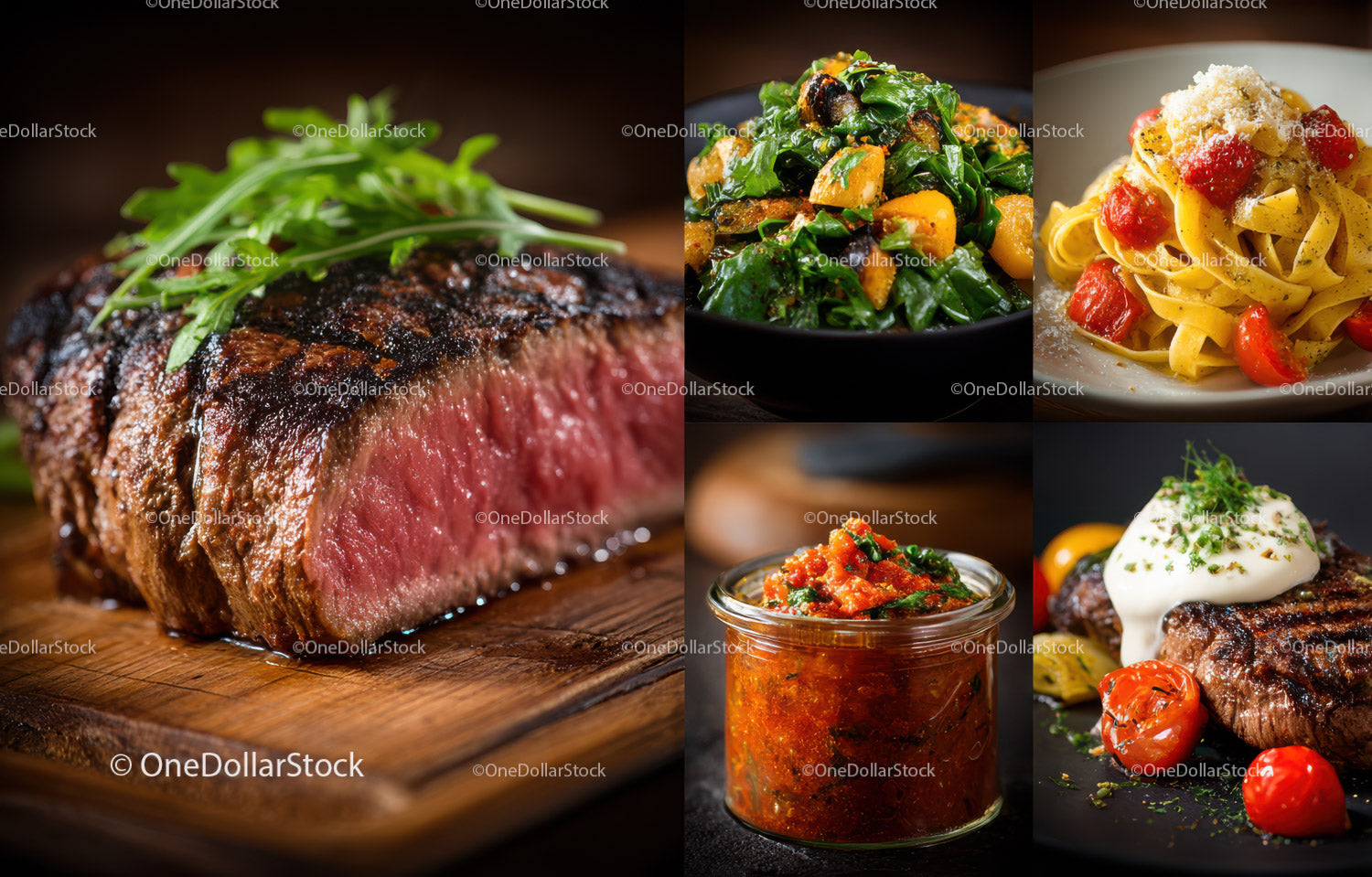 Juicy Grilled Steak with Arugula and Colorful Pasta Dishes
