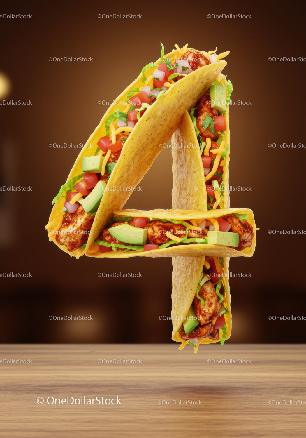 Numer cztery uformowany z pysznych tacos z kurczakiem