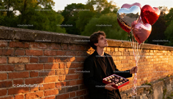 Young man with heart balloons and chocolates outdoors