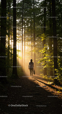 Woman Walking Alone on Sunlit Forest Path