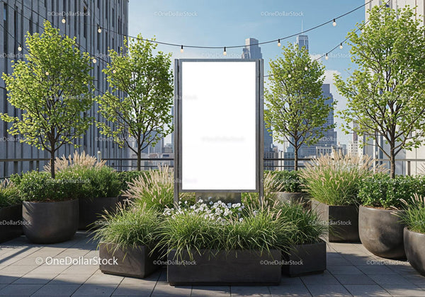 Empty Urban Billboard Surrounded by Greenery on Rooftop JPG Mockup Image