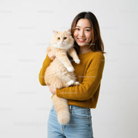 Young woman holding fluffy ginger cat indoors
