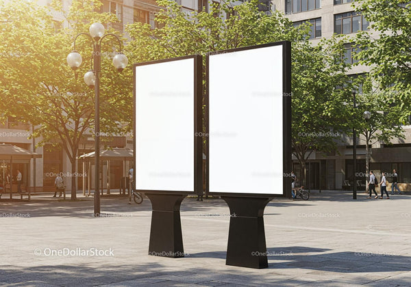 Double blank billboard stands in modern city square JPG Mockup Image