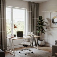 Bright Modern Home Office with Large Window and Green Plant