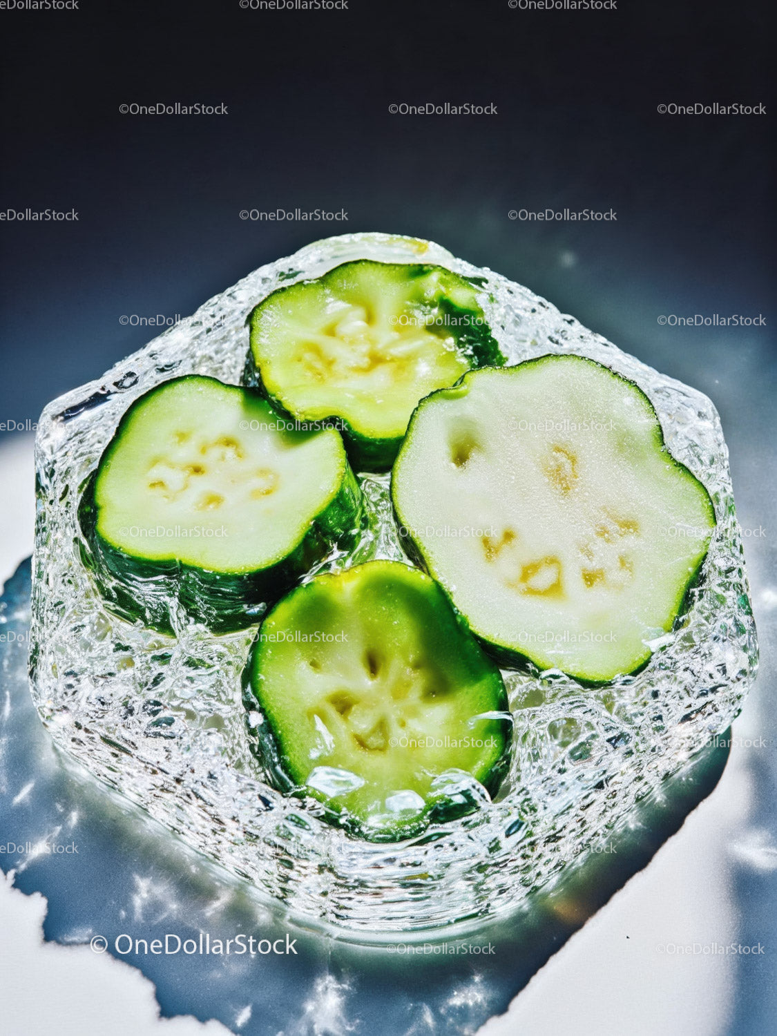 Fresh cucumber slices embedded in clear ice cube