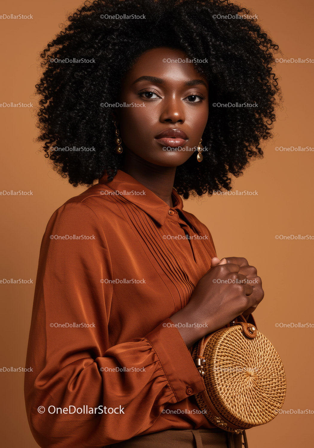Portrait of a Stylish Black Woman with Curly Hair in Warm Tones