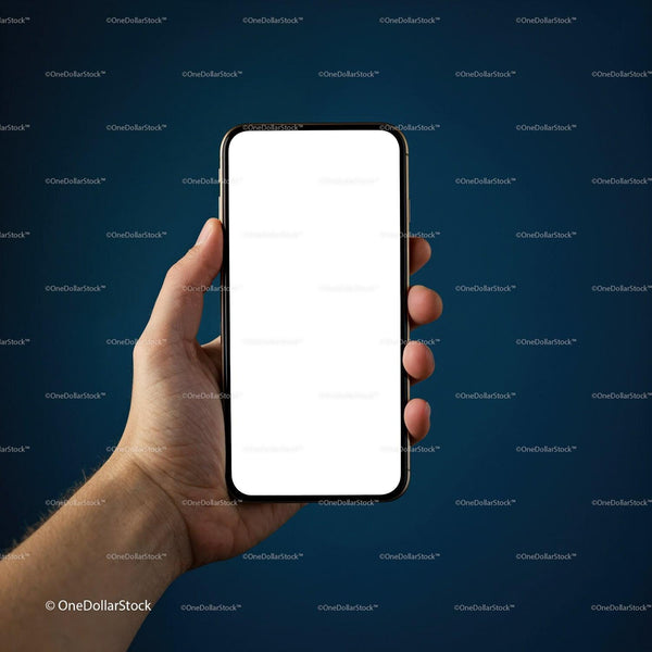 Hand Holding Smartphone with Blank Screen on Blue Background JPG Mockup Image