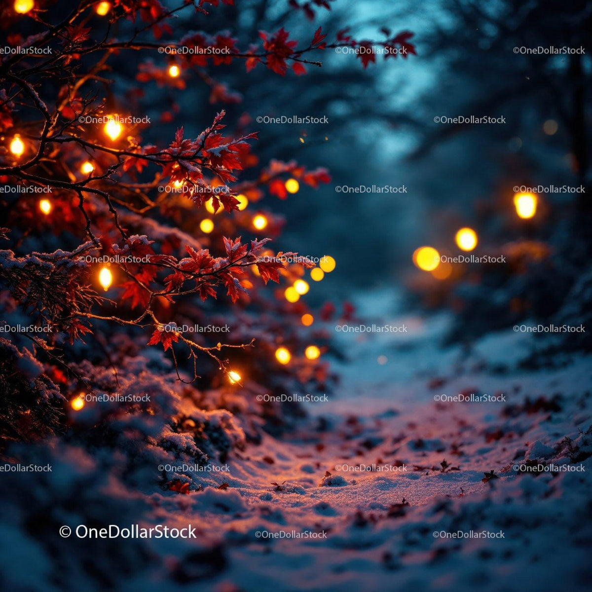 Snowy forest path illuminated by warm glowing lights