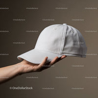 Hand Holding Blank White Baseball Cap Over Brown Background