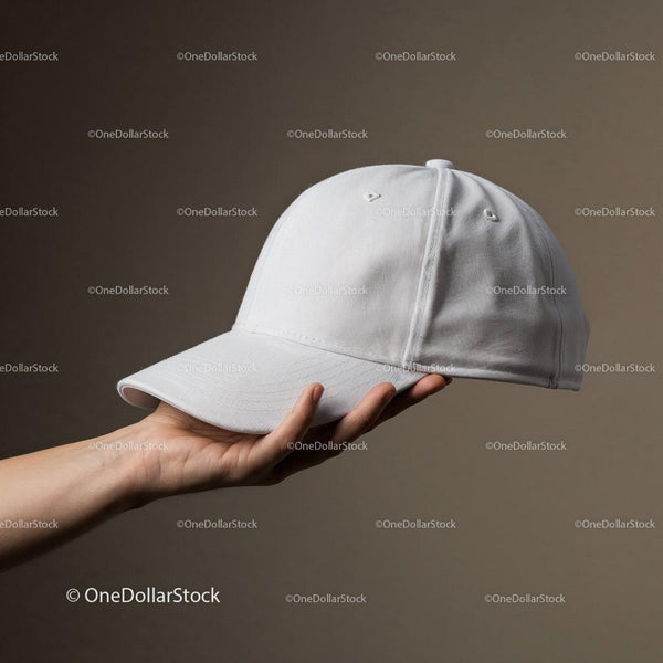Hand Holding Blank White Baseball Cap Over Brown Background JPG Mockup Image