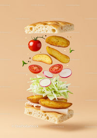 Deconstructed sandwich ingredients floating on beige background