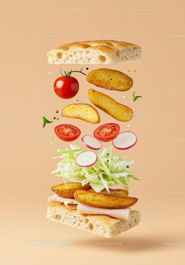 Deconstructed sandwich ingredients floating on beige background