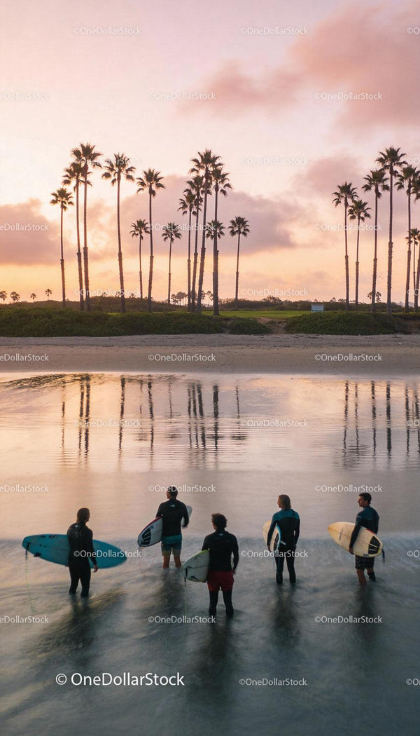 Group of surfers entering calm waters at sunset