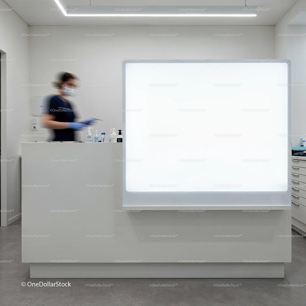 Reception area in modern medical clinic with staff JPG Mockup Image