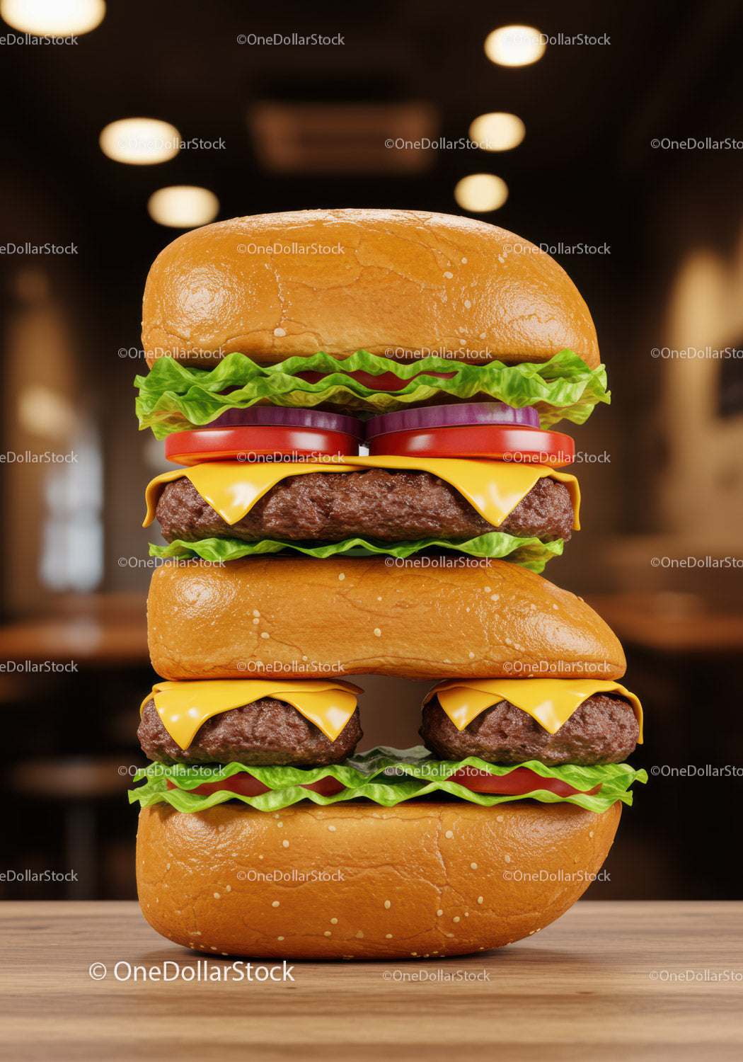 Double cheeseburger with fresh vegetables and buns