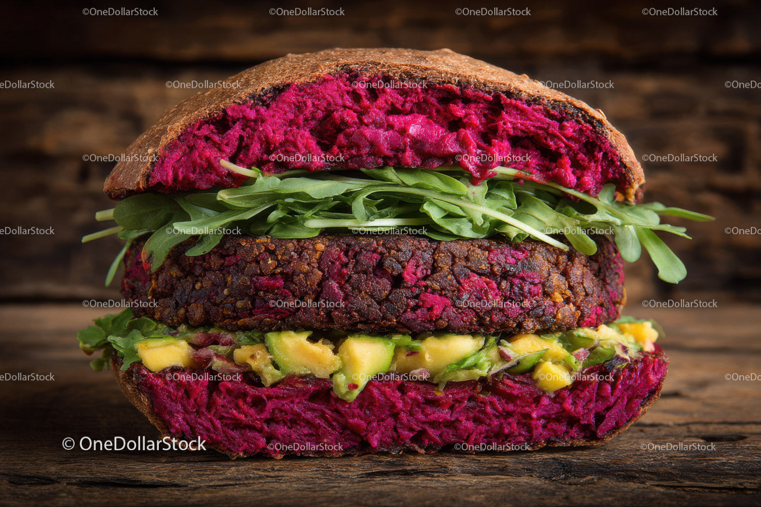 Vegan Beetroot Patty Burger with Avocado and Arugula on Whole Grain Bun