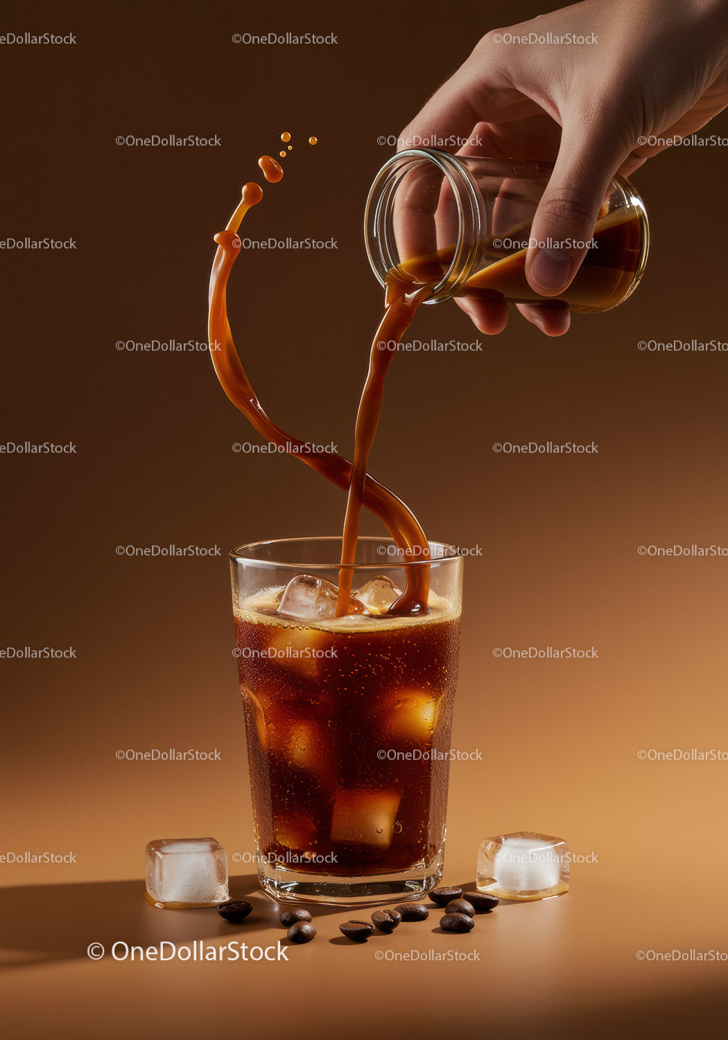 Hand Pouring Coffee into Glass with Ice Cubes