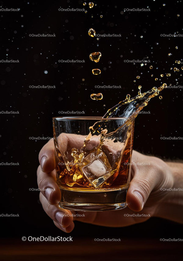 Splashing Whiskey with Ice Cubes in Glass Held by Hand