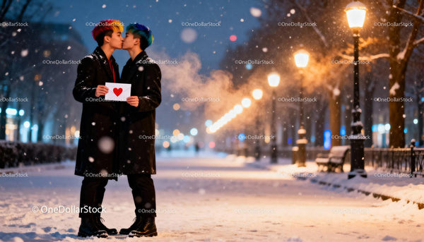 Couple with rainbow hair kissing in snowy park at night