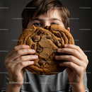 Young boy hiding behind large chocolate chip cookie
