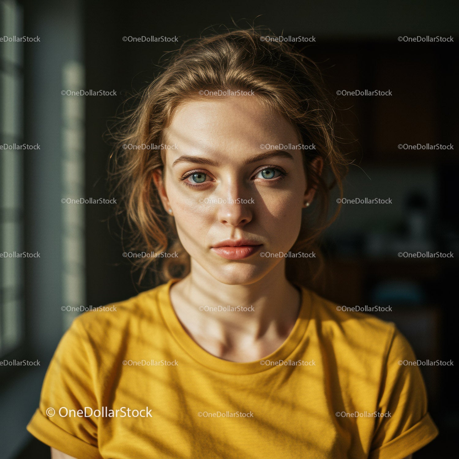 Portret młodej kobiety o niebieskich oczach w żółtej koszulce