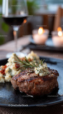 Juicy Steak with Mashed Potatoes and Herb Garnish in Elegant Restaurant