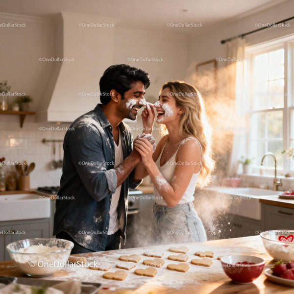 Couple Laughing and Baking Heart-Shaped Cookies Together