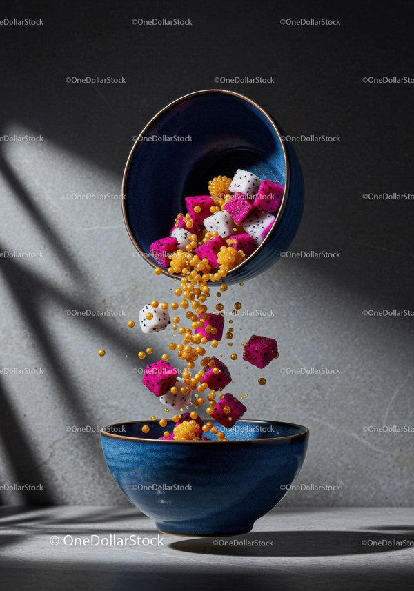 Colorful dragon fruit cubes falling into navy bowl