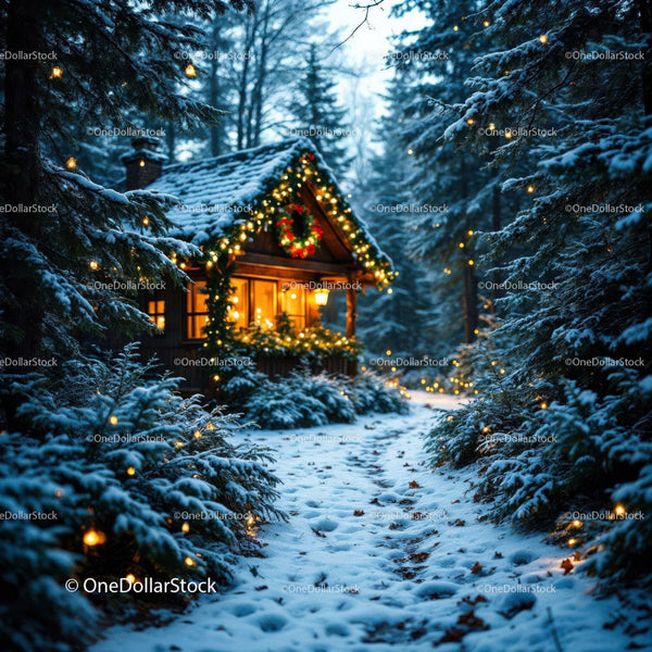 Cozy Winter Cabin with Festive Christmas Lights