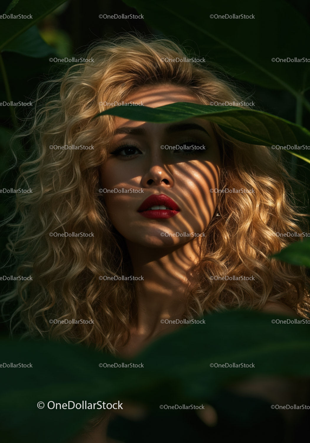 Glamorous Woman with Curly Blonde Hair and Green Foliage Shadows