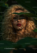 Glamorous Woman with Curly Blonde Hair and Green Foliage Shadows