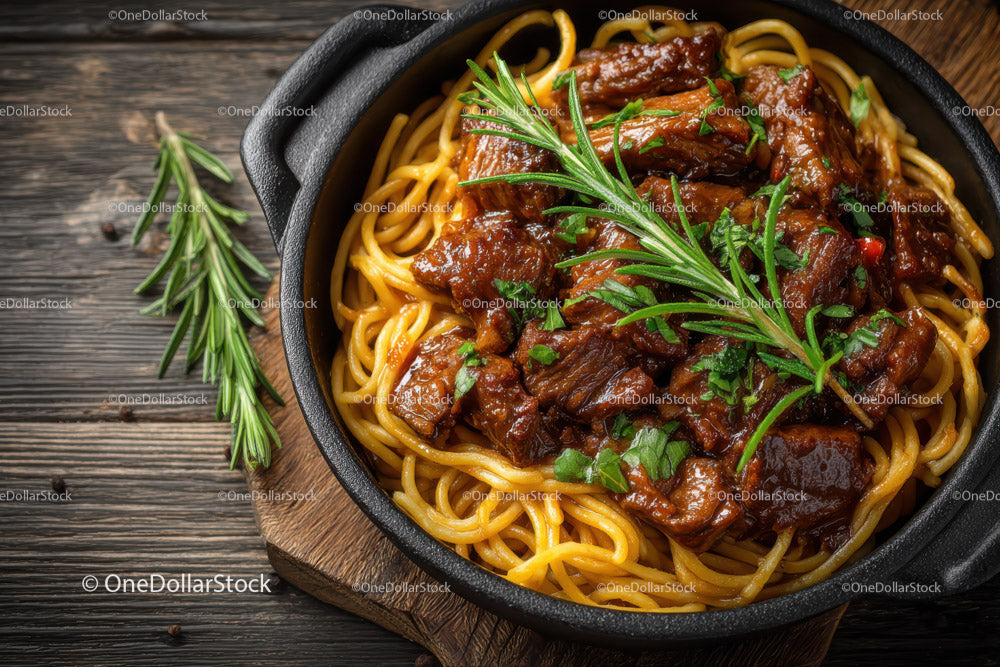 Hearty Beef Stew with Pasta and Fresh Herbs in Rustic Dish