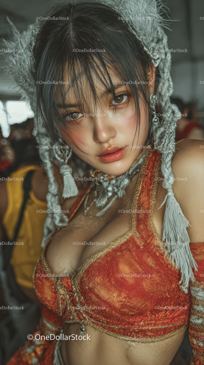 Young Woman in Traditional Costume with Ornate Accessories