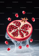 Fresh pomegranate half with vibrant seeds floating in air