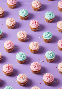 Colorful cupcakes with pastel frosting on purple background