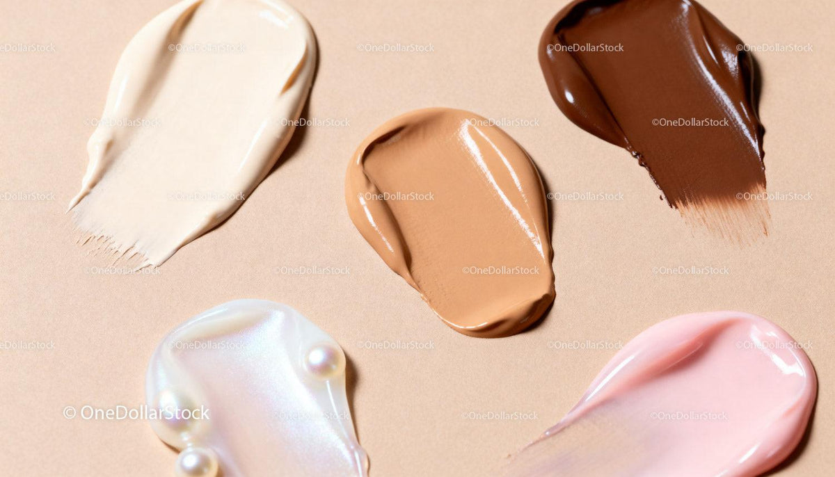 Variety of skin tone foundation and skincare creams close up