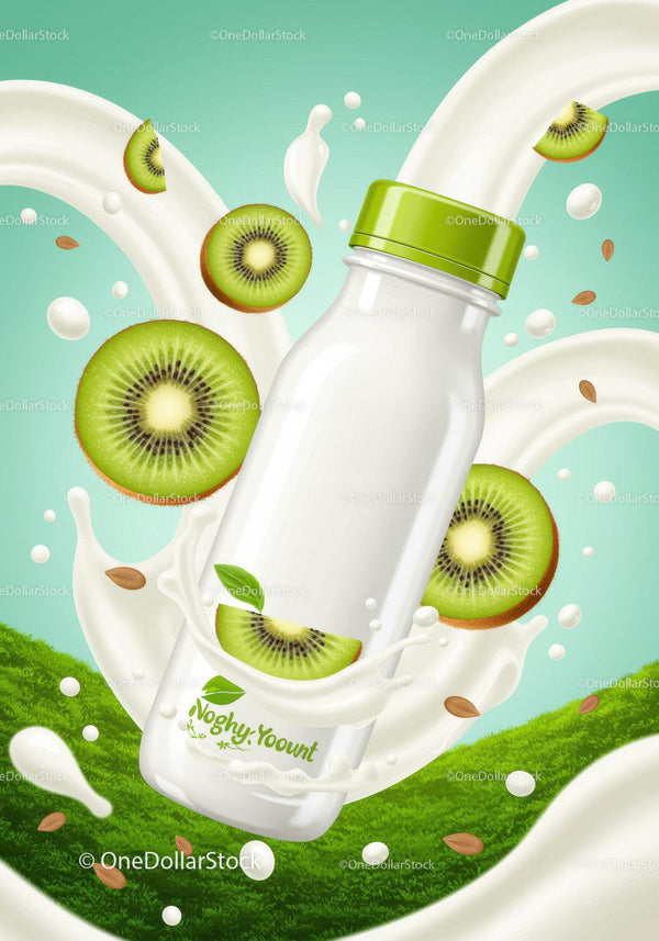 Fresh Kiwi Yogurt Splash with Green Bottle Cap JPG Mockup Image