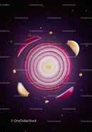 Sliced Red Onion and Garlic Floating in Space