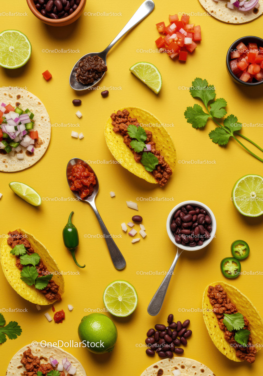 Fresh Mexican Taco Ingredients on Bright Yellow Background