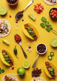 Fresh Mexican Taco Ingredients on Bright Yellow Background